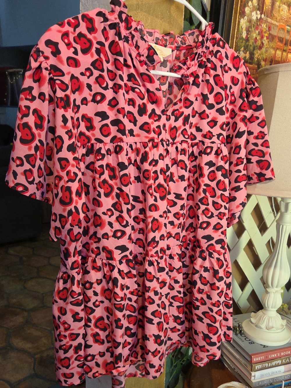 Women’s Pink Leopard Print Casual Tiered Blouse